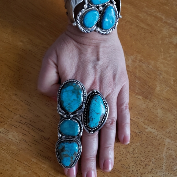 huge genuine turquoise ring 3 stone unmarked - Picture 2 of 8